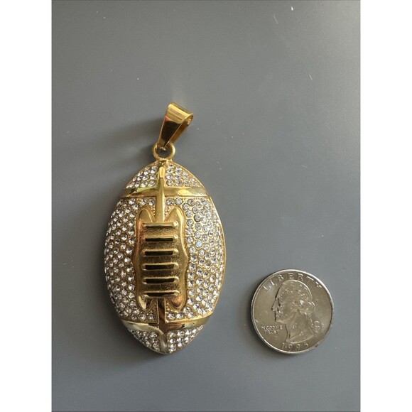 Football Pendant Chain Stainless Steel Super Bowl Gift Men’s Cubic Zirconia Gold - Picture 3 of 6